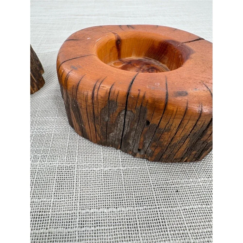 Vintage Hand Turned Natural Wood Log Votive Candle Holders Rustic Cabin Decor